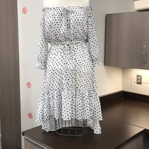 Off the Shoulder Navy Polka Dot Dress